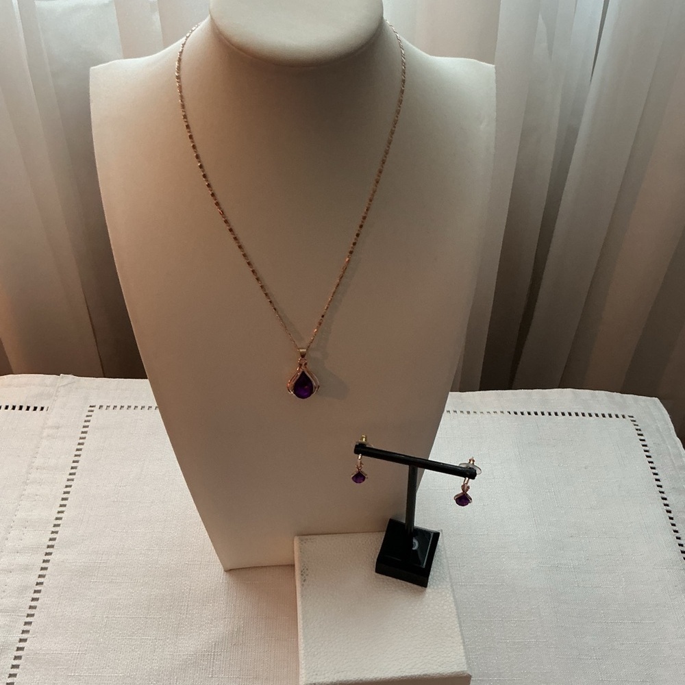 Amethyst Acrylic Teardrop Gold Tone Necklace and Earring Set
